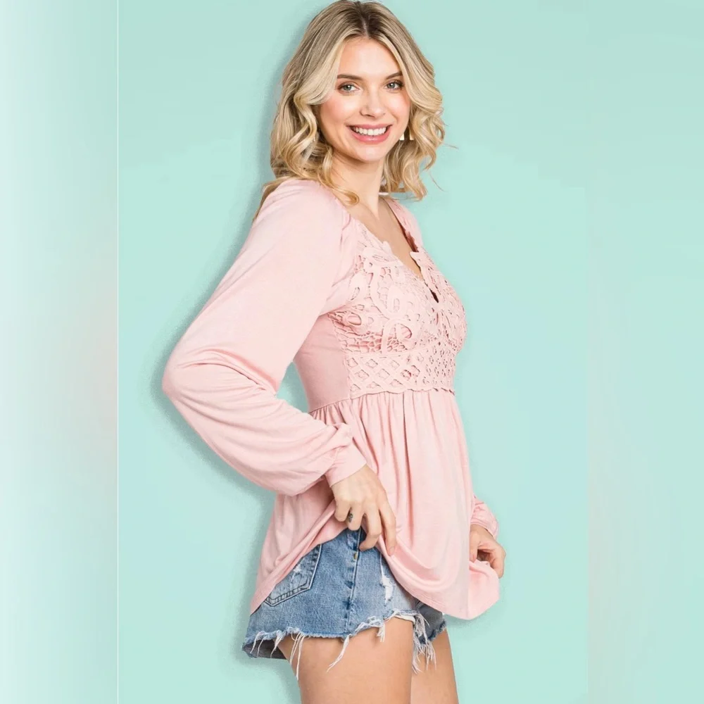 Knit Top with Crochet Lace in Rose (Pink) - Picture 4 of 9